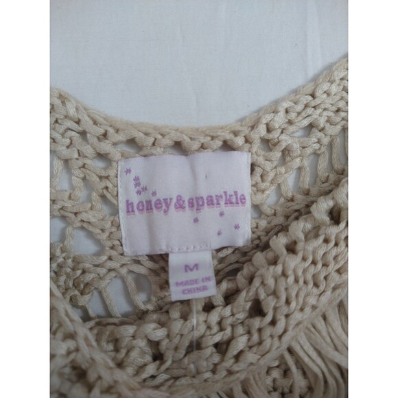 NWT Honey & Sparkle Crochet Tank Top Sz M Beige Tan Hippie Festival Fringe Boho - Picture 4 of 11
